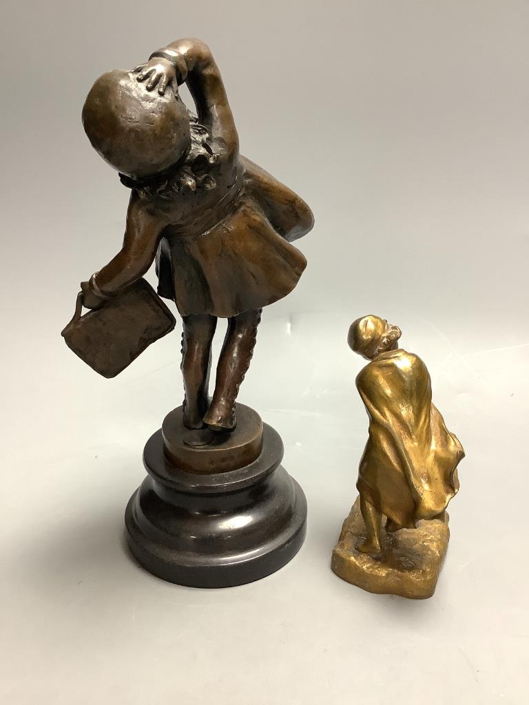 A bronze of a young girl holding a bag, after Chiparus and a smaller bronze figure, signed Rixk, tallest 25cm